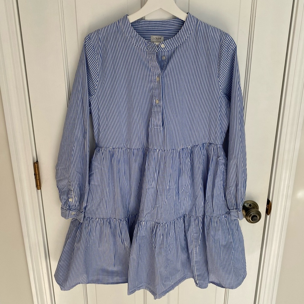 EUC- J. Crew Blue & White Striped Long-sleeve Cotton Poplin Tiered Dress, Medium